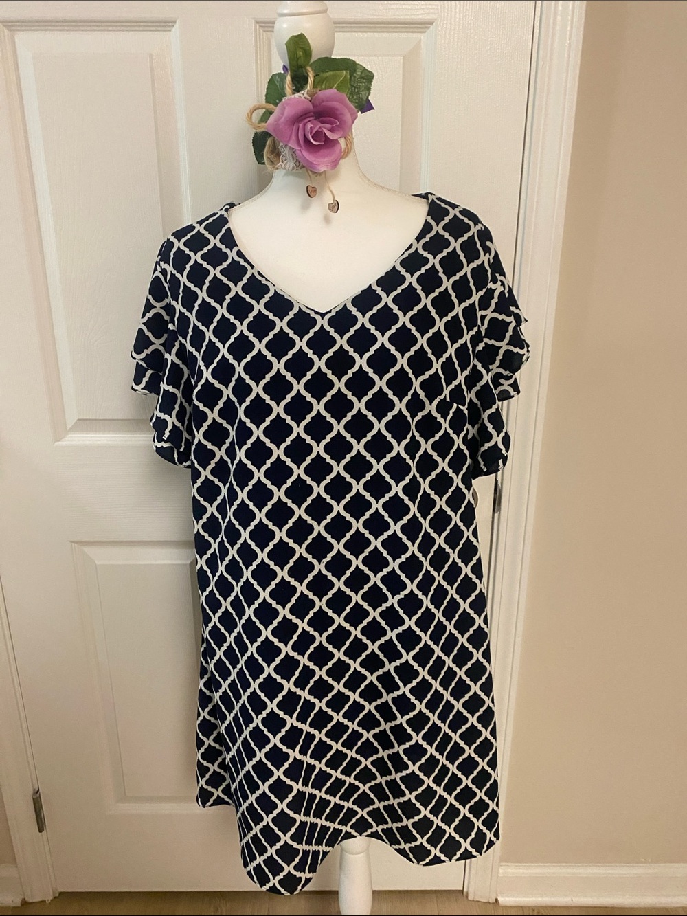 Women's Navy and White Patterned Midi Dress